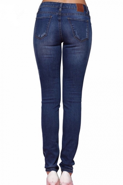 Street Style Mid Waist Ripped Skinny Zipper Fly Blue Jeans