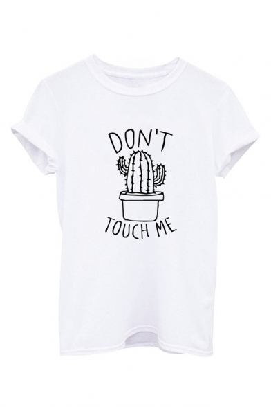Stylish Letter DON'T TOUCH ME Cactus Pattern Crewneck Short Sleeve Casual T-Shirt