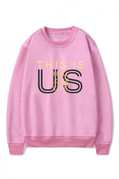 THIS IS US Letter Printed Round Neck Long Sleeve Pullover Sweatshirt