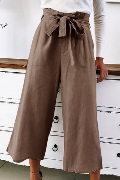 Trendy Bow-Tied High Waist Basic Solid Loose Fitted Wide-Leg Pants