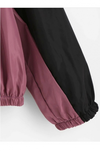 Trendy Colorblock Two-Tone Long Sleeve Hooded Zip Up Burgundy Track Coat