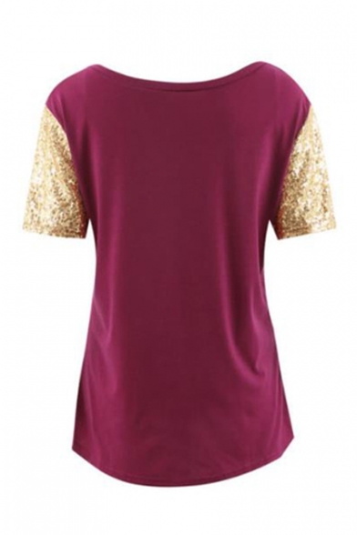 Trendy Sequined Short Sleeve V-Neck Casual Leisure T-Shirt
