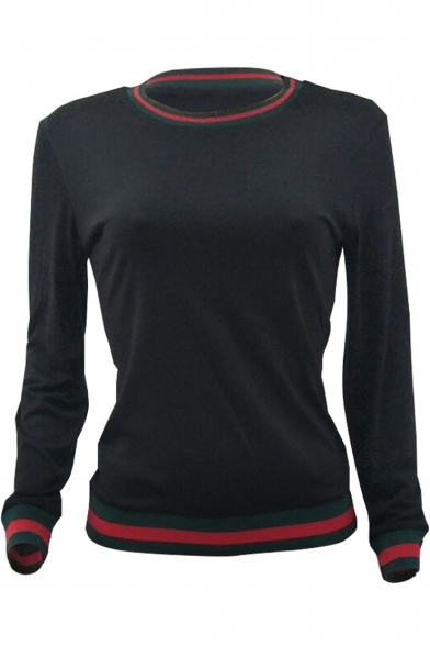 Trendy Striped Trimmed Round Neck Long Sleeve Cotton Casual T-Shirt