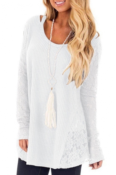 Tunics Long Sleeve Round Neck Plain Lace Patched Casual Sweater