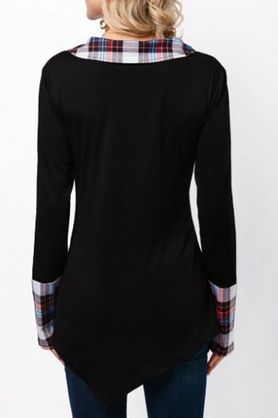 Unique Plaid Patchwork Long Sleeve Asymmetrical Hem Fitted Black T-Shirt