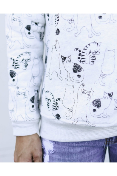 White Long Sleeve Crewneck Over All Cartoon Cat Printed Loose Leisure Sweatshirt