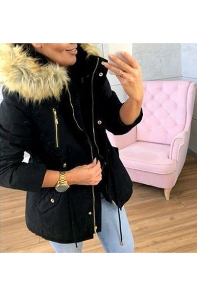 Winter's New Trendy Long Sleeve Elastic Waist Hooded Zip Up Packet Cotton Padded Coat