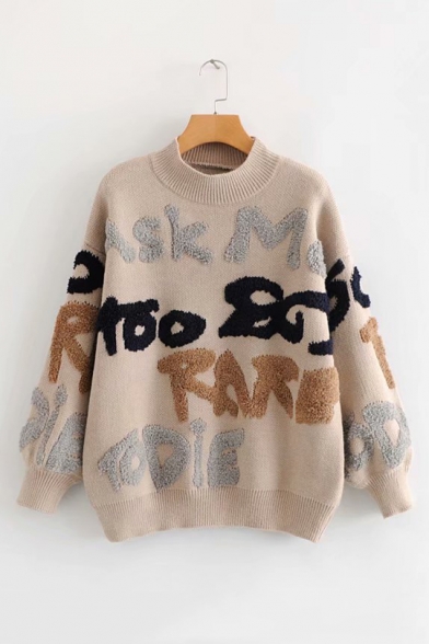 Winter's Trendy Letter Printed Mock Neck Long Sleeve Cozy Pullover Sweater