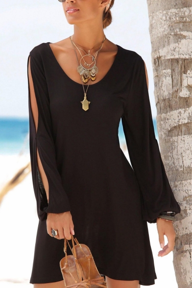 Women's V-Neck Cutout Long Sleeve Loose Casual Mini Black Beach Dress