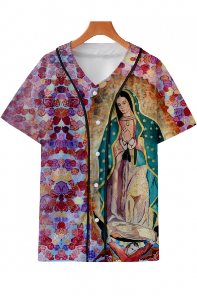 3D Character Our Lady of Guadalupe Printed Short Sleeve V Neck Leisure Top