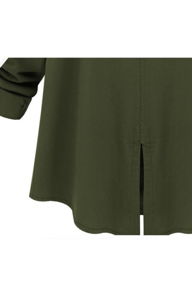 Army Green Long Sleeve Lapel Collar Split Back Plain Single Breasted Tunics Trench Coat