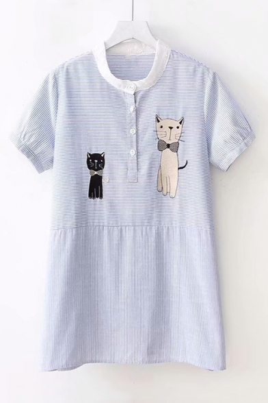 Cartoon Cat Embroidered Round Neck Short Sleeve Button Front Striped Blue Blouse