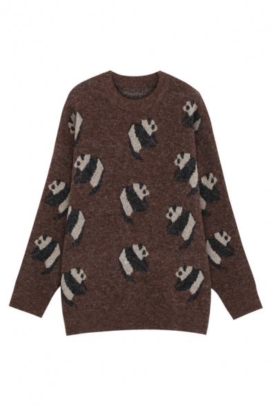Cartoon Panda Printed Long Sleeve Mock Neck Tunics Knit Sweater
