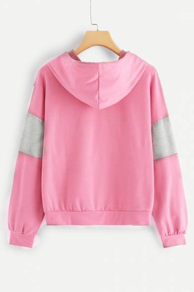 Casual Long Sleeve Colorblock Loose Stylish Drawstring Pink Hoodie