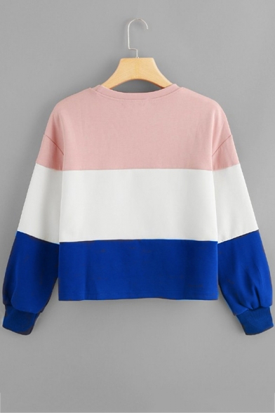 Chic Colorblock Round Neck Long Sleeve Casual Loose Pullover Pink Sweatshirt