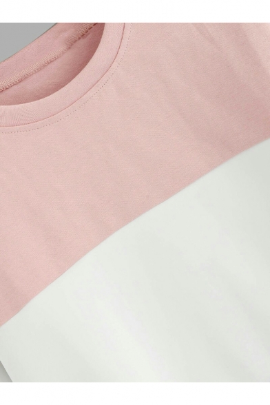 Chic Colorblock Round Neck Long Sleeve Casual Loose Pullover Pink Sweatshirt