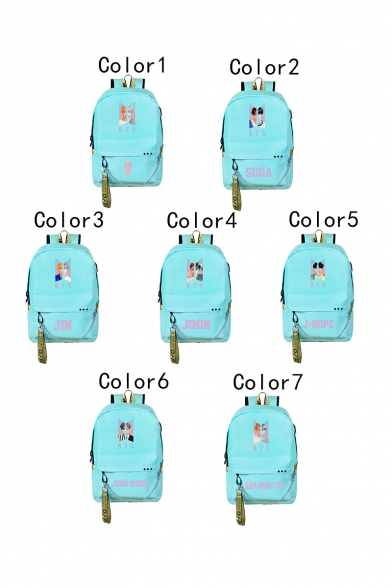 Cool Light Blue Character Print Chain Detail Zippered Backpack Bag for Students
