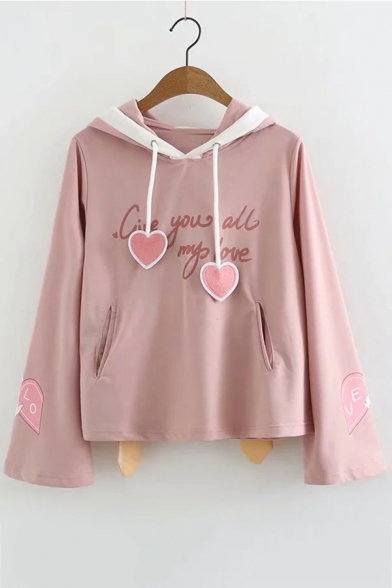Cute Heart Ribbon Letter GIVE YOU ALL MY LOVE Printed Long Sleeve Pink Hoodie