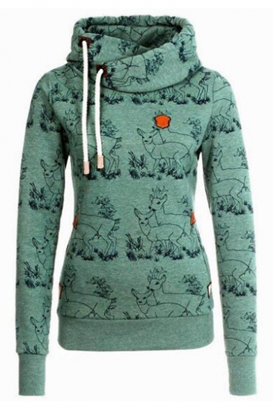 Fashion All Over Animal Pattern Long Sleeve Slim Fitted Drawstring Hoodie