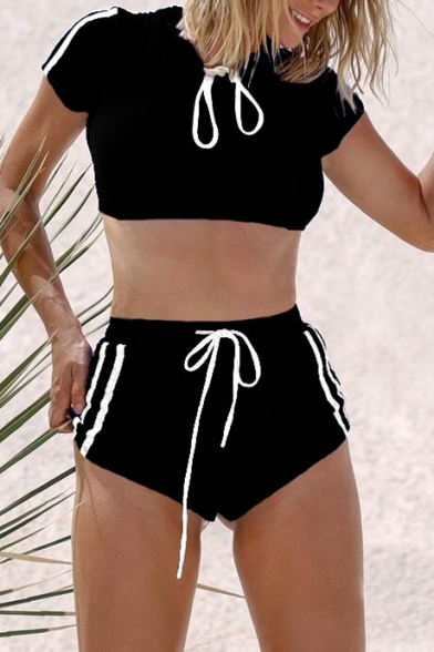 Fashion Black Striped Side Drawstring Design Slim Fit Women's Swimwear