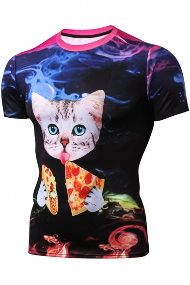 Fashion Cat Pizza Print Short Sleeve Crewneck T-Shirt