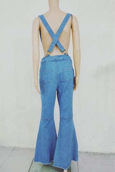 Fashion Light Blue Plain Casual Flare Overall Jeans