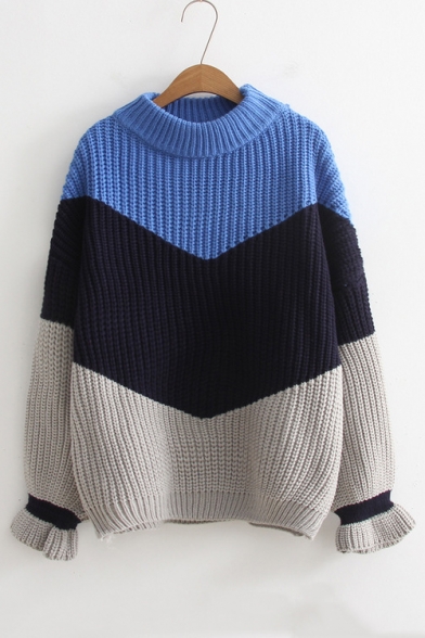 Fashion Mock Neck Long Sleeve Colorblock Leisure Sweater