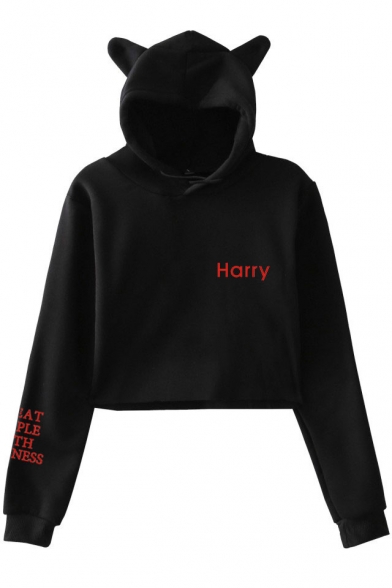 HARRY letter Print Long Sleeve Relaxed Loose Fit Hoodie with Ear Hood