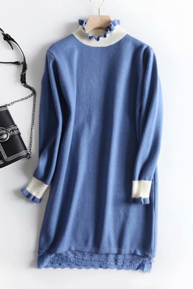 

Hot Sale Long Sleeve Mock Neck Colorblock Lace Patched Mini Shift Knit Dress, Black;blue;khaki
