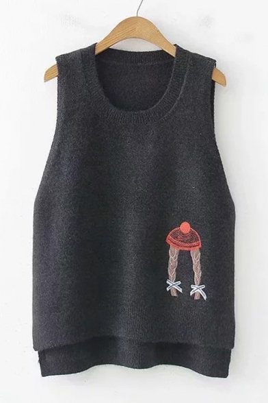 Lovely Cartoon Braid Printed High Low Round Neck Knit Vest Sweater