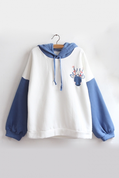 Lovely Cartoon Deer Print Fashion Colorblock Long Sleeve Cotton Hoodie for Juniors