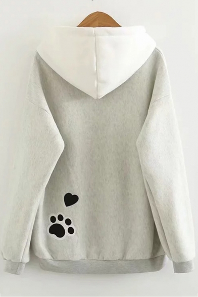 Lovely Long Sleeve Cartoon Cat Pattern Colorblock Drawstring Hoodie