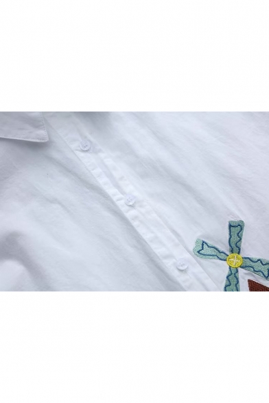 New Arrival Long Sleeve Lapel Collar Embroidered White Button Down Tunics Shirt