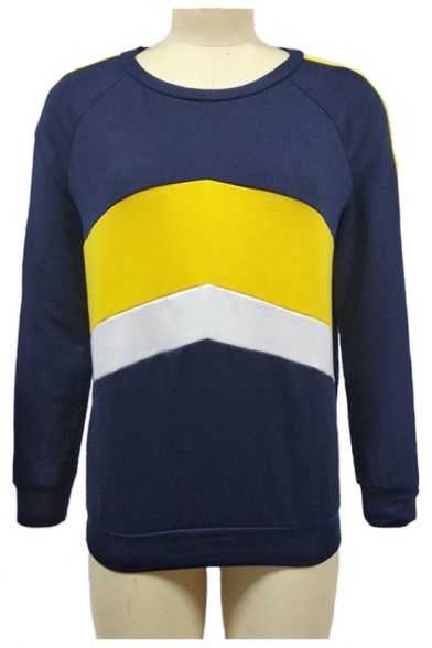 New Stylish Color Block Patchwork Long Sleeve Round Neck Navy Sweatshirt