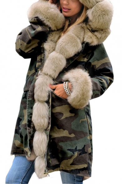 New Trendy Long Sleeve Camouflage Printed Fleece Hooded Tunics Drawstring Hem Coat
