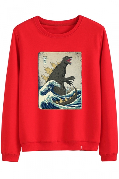 Round Neck Long Sleeve Dinosaur Printed Cozy Leisure Sweatshirt