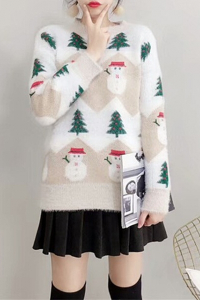 Round Neck Long Sleeve Snowman Tree Printed Leisure Mohair Sweater