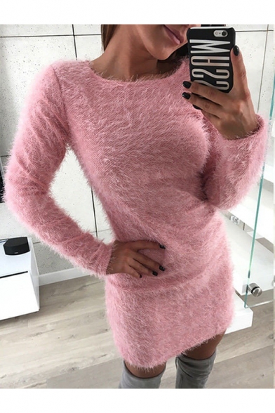 Sexy Long Sleeve Round Neck Plain Bodycon Mini Fleece Dress