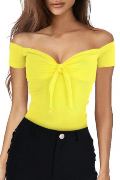Sexy Summer Collection Yellow Off the Shoulder Short Sleeve Bow Tie Front Slim Fit Women's T-Shirt