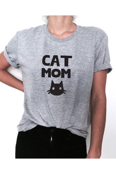 Short Sleeve Round Neck Letter CAT MOM Cartoon Cat Printed Casual Gray Tee