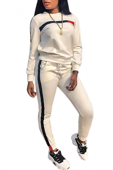 Sports Simple Long Sleeve Round Neck Top Stripes Patched Drawstring Waist Pants Co-ords