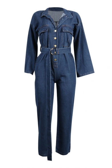 Stand Collar Long Sleeve Button Front Cool Blue Denim Jumpsuits