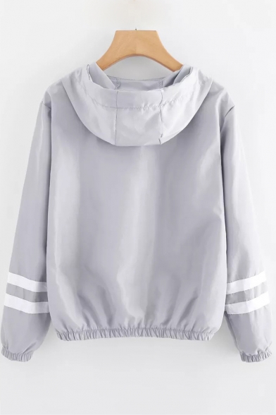 Striped Long Sleeve Zip Closure Leisure Casual Sports Hooded Coat