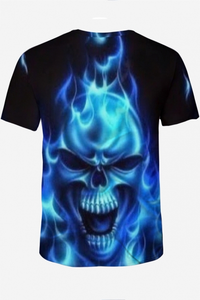 Stylish Black Flame Skull Pattern Round Neck Short Sleeves Casual T-Shirt
