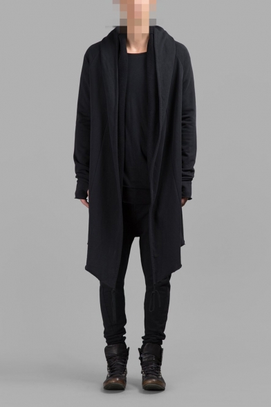 Stylish Long Sleeve Open Front Plain Tunics Black Coat