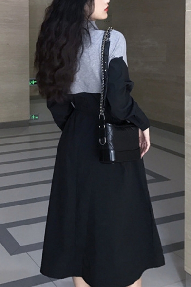 Trendy Colorblock Half-Zip Stand Collar Long Sleeve Drawstring Waist Midi A-Line Dress