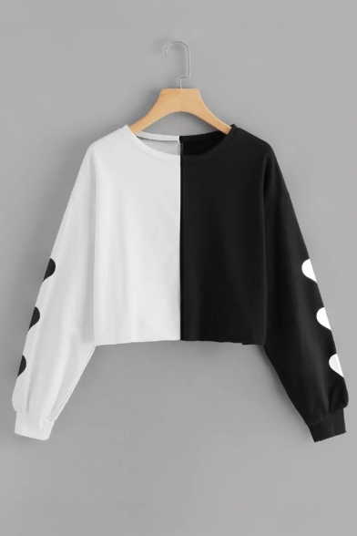 Trendy Heart Printed Long Sleeve Colorblock Two-Tone Casual Loose Cropped Sweatshirt