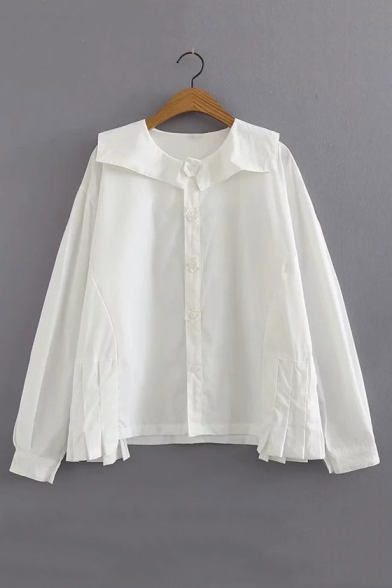 Trendy Patchwork Navy Collar Long Sleeve Button Down Relaxed White Shirt
