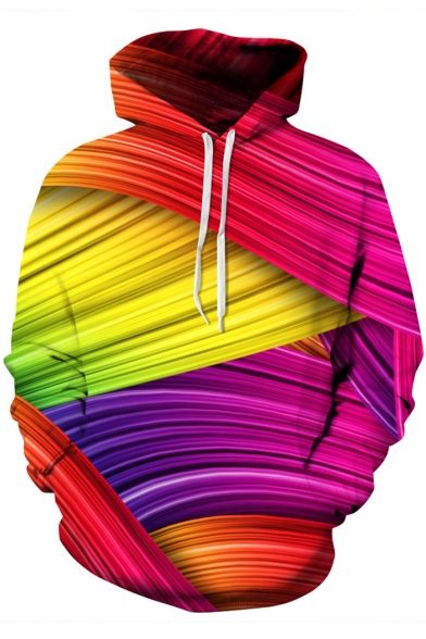 Unique 3D Colorful Ombre Striped Pattern Long Sleeve Relaxed Fitted Red Hoodie
