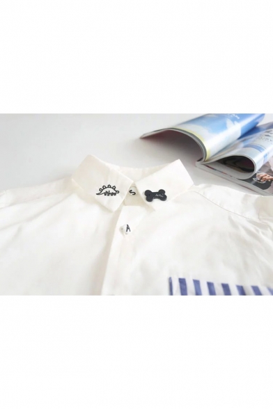 White Cartoon Cat Embroidered Pocket Patched Lapel Collar Long Sleeve Button Down Cotton Shirt